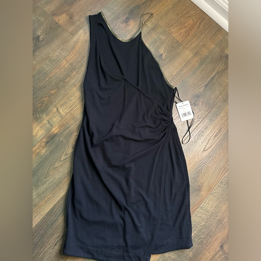 NWT Free People One Shoulder Black Dress with Green Trim